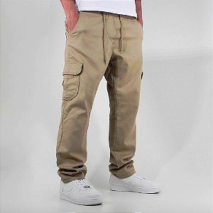 Calça Cargo Reta Masculina Bege Larga Skate Bolso Lateral Unissex