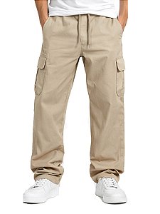 Calça Cargo Reta Masculina Bege Larga Skate Bolso Lateral Unissex