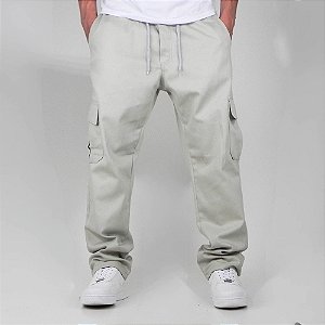 Calça Cargo Reta Masculina Bege Clara Larga Skate Bolso Lateral Unissex