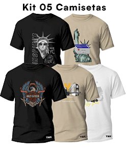 05 CAMISETAS MASCULINA DE ALGODÃO PENTEADO 30.1 PREMIUM ESTAMPAS USA