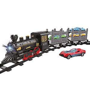 Pista Trem Locomotiva Transporte 4 Carrinhos DM Toys - DMT7146