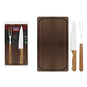 Kit para Churrasco Tramontina C/Lâminas em Aço Inox e Cabos em Madeira Natural 3 Peças - 22399