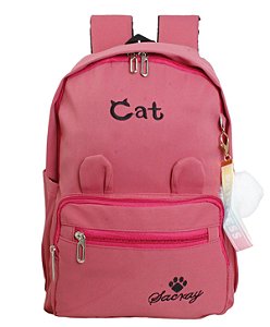 Mochila Feminina Casual Cat C/ Chaveiro Pompom Rosa Chiclete