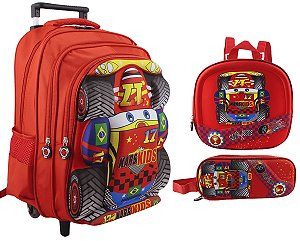 Mochila Masculina Rodinhas Escolar Carros + Lancheira Térmica e Estojo Duplo Vermelho