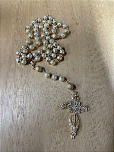 Terço Noiva - Pérola Bege - Dourado - 10mm