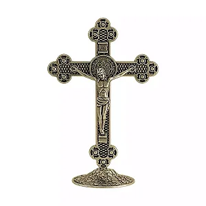 Crucifixo - c/ a Medalha de São Bento - Ouro Velho - 13cm