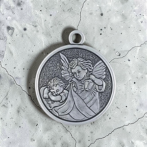 Medalhão de Berço - Anjo Protetor - Prata Velha - Metal