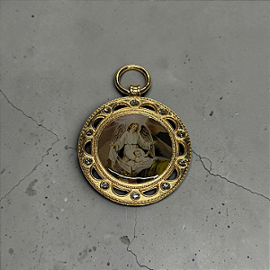 Medalhão de Berço - Anjo da Guarda Adulto/ Redondo - Strass - Dourado