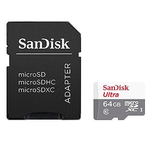 CARTÃO DE MEMÓRIA MICRO SD 64GB COM ADAPTADOR SD SANDISK CLASS 10