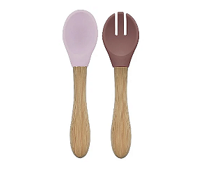 Colher e Garfo de Silicone e Bambu Dig In Pink Velvet - Minikoioi