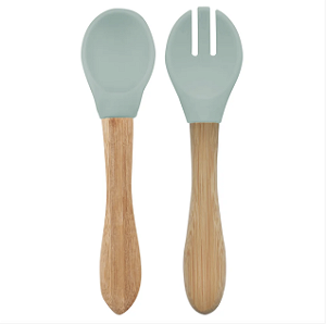 Colher e Garfo de Silicone e Bambu Dig In River Green - Minikoioi