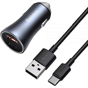 Carregador De Carro Baseus Golden Contator Pro Tzccjd-0G Com Cabo Usb-C - Cinza