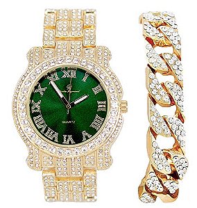 Relógio Masculino Charles Raymond L0504B (L0504RNB Cuban Gold Money Green)