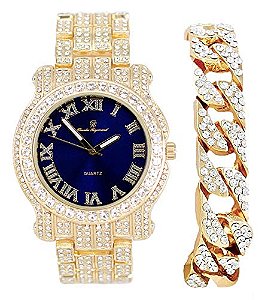 Relógio Masculino Charles Raymond L0504B (L0504RNB Cuban Gold Royal Blue)