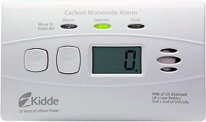 Detector de monóxido de carbono Kidde com bateria de 10 anos, display digital, 3 LEDs, indicador de substituição, memória de nível máximo.