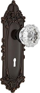 Placa Vitoriana Nostálgica com Puxador de Vidro Cristal, Entrada Mortise - 2.25, Bronze Atemporal