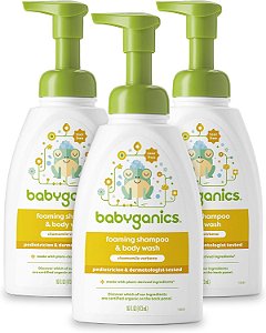 Frasco de bomba de xampu e lavagem corporal para bebês Babyganics, Camomila Verbena, Não-alérgico e Livre de lágrimas, 16 fl oz (Pacote com 3 unidades), Embalagem pode variar