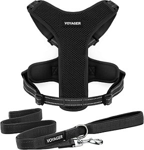 Peitoral para cães Air Frontier Mesh com conjunto de coleira reflexiva, costura refletiva e design leve e respirável sem puxar, alças ajustáveis no pescoço e no peito para raças pequenas a grandes - BK, XS