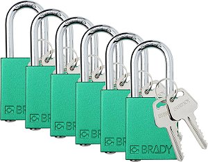 Conjuntos de cadeados de segurança Brady Safety Lockout - 6 unidades - Verde - Cadeados de segurança com chaves diferentes - 2 chaves por cadeado - SDAL-GRN-38ST-KD6
