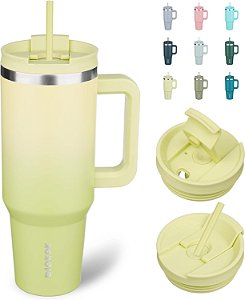 Copo com Alça e Canudo BJPKPK de 40oz com Isolamento Térmico, Tampa e Aço Inoxidável para Viagem, na Cor Limão
