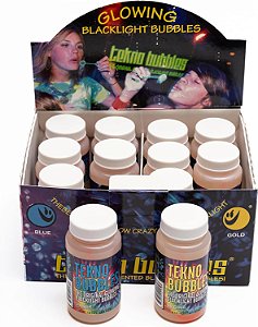Bolhas Atômicas: Bolhas Tekno - Pacote com 12 (6 Douradas, 6 Azuis) - Frascos de 4 onças, Bolhas que Brilham na Luz Negra UV, Festas de Brilho, para Uso