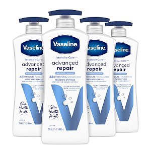 Loção Corporal Vaseline Intensive Care Advanced Repair sem Perfume 4 unidades para Pele Seca com Lipídios Ultra-Hidratantes e Vaselina 20.3 oz