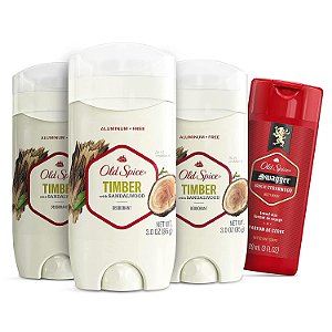 Desodorante Old Spice para Homens sem Alumínio Timber com Sândalo, Pacote de 3 unidades de 3.0oz com Sabonete Líquido Swagger em Tamanho de Viagem.