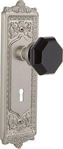Placa Ovo & Folha com Fechadura de Passagem e Maçaneta de Porta Castelo Preto Waldorf em Níquel Acetinado, 2.75