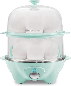 Cozedor de ovos rápido de duas camadas Elite Gourmet EGC1405M, Poche de 5 ovos, Omeletes, Ovos Cozidos em Consistência Mole, Média, Dura, Desligamento Automático e Alarme, Liv