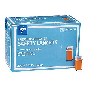 Lancetas de segurança Medline, Ativação por Pressão, 21G x 2,2 mm, 200 unidades.