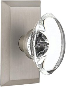 Placa de Estúdio Nostálgico Warehouse com Maçaneta de Vidro Oval Transparente, Privacidade - 2.75, Níquel Acetinado