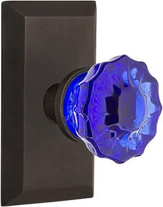 Maçaneta de Porta de Vidro de Cristal Azul Cobalto Nostalgic Warehouse 721179 Studio Plate em Bronze Fosco, Passagem 2.375