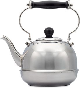 Chaleira de Chá Lisa de Aço Inoxidável de 2 Qt. com Alça de Madeira