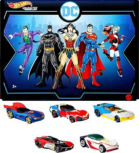 Conjunto de 5 Carros de Personagens Hot Wheels Dc em Escala 1:64: Superman, Batman, Mulher Maravilha, o Joker Gt & Harley Quinn