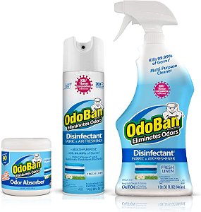 OdoBan Multifuncional Limpeza Desinfetante e Eliminador de Odores Fortes para Tecidos/Ambientes: Pacote de Spray Contínuo 360 Graus, Spray de Gatilho, Absorvedor de Odores Sól