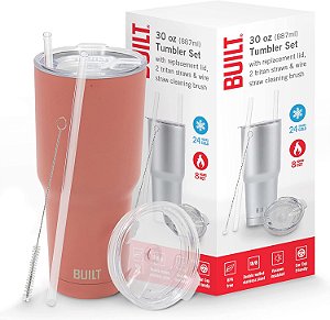 Conjunto de Copo de Aço Inoxidável de Parede Dupla BUILT com Tampa Substituível, 2 Canudos de Tritan Reutilizáveis e Escova de Limpeza em Caixa de Presente, 1 Unidade (Pacote com
