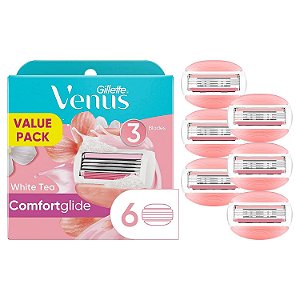 Lâminas de reposição para Gillette Venus ComfortGlide, 6 unidades, (embalagem de 1) com barra de gel perfumada com chá branco que protege contra irritação da pele.