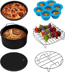 Acessórios para Fritadeira sem Óleo COSORI, Conjunto de 6 - Ideal para a Maioria dos Fornos de 5.0 Qt e Maiores, Forma para Bolo e Pizza, Suporte de Metal, Grelha e Esp