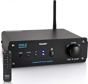 Amplificador estéreo de áudio Bluetooth Pyle 100W - 110/240V, 2 Canais Pro Audio Desktop Amp com Conexão Direta ao Computador via Porta USB e Sistema Hi-Fi/Função TWS, com Controle de Volume Giratório