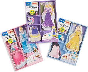 Melissa & Doug Disney Cinderella, Belle, and Rapunzel Conjunto de Brincadeira de Vestir Bonecas de Madeira Magnéticas, 36 meses a 60 meses.