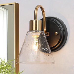 Iluminação de Parede KSANA Sconce 1-Luz Preto e Dourado com Vidro Texturizado para Corredor, Quarto, Escada e Entrada do Estilo Meio do Século.