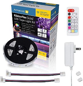 Armacost Lighting 423500 RibbonFlex Home 16ft. RGB+W Smart LED Tape Light Kit, multi-color and white = Kit de fita de luz LED inteligente RGB+W RibbonFlex Home 16 pés da Armacost Lighting, multicolorido e branco.
