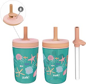 Conjunto de Copos Zak Designs Shells Kelso, Tampa à Prova de Vazamento com Canudo, Kit para Crianças Inclui Copos de Plástico e Aço Inoxidável com Brinde Sipper (Conjunto de 3 peças