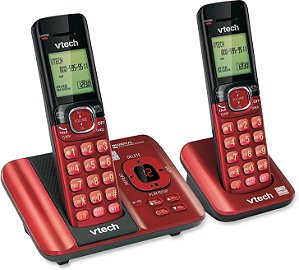 Sistema de telefone VTech CS6529-26 DECT 6.0 com identificação de chamadas/chamada em espera, 2 bases sem fio, vermelho.