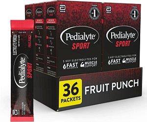 Pó eletrólito Pedialyte Sport, hidratação rápida com 5 eletrólitos essenciais para suporte muscular antes, durante e depois do exercício, sabor ponche de frutas, pacotes de 0,49 onças (36 unidades