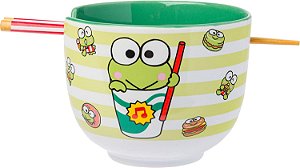 Tigela de cerâmica para macarrão ramen e arroz com estampa de comida Hello Kitty e amigos Keroppi da Silver Buffalo, com capacidade para 20 onças, incluindo hashi, própria para microondas.