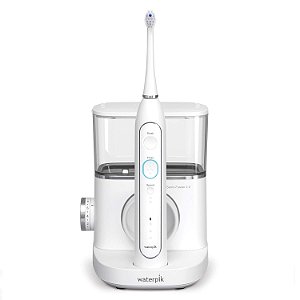 Escova de Dentes Elétrica Waterpik Sonic-Fusion 2.0 Professional com Fio Dental, Combo de Escova de Dentes Elétrica e Irrigador Bucal 2 em 1, Branco