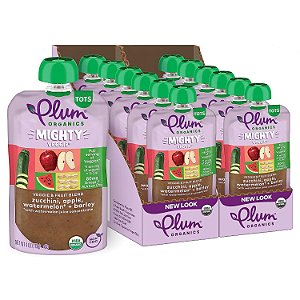 Purês Orgânicos Plum | Mistura Poderosa de Vegetais | Refeições Orgânicas para Bebês [12+ Meses] | Abobrinha, Maçã, Melancia & Cevada | Pacote de 4 Onças (Pac