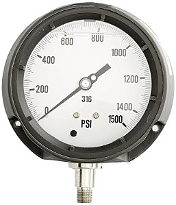 Manômetro de Pressão de Processo Enchido com Glicerina, com Caixa de Segurança Fenólica, Internos de Aço Inoxidável 316 e Lente Plástica à Prova de Choque, de Montagem Inferior, Tamanho de Con