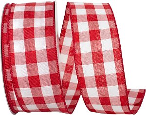 Fita Xadrez com Bordas com Fio Reliant Ribbon 93228W-036-40K, 2-1/2 polegadas X 50 jardas, Branco/vermelho.
